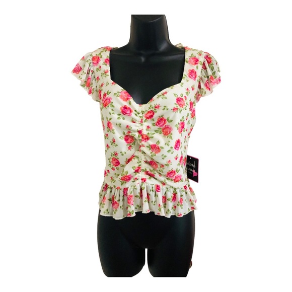 Black pink purple‎ floral peplum shirred front heart neckline blouse size large - Picture 8 of 14